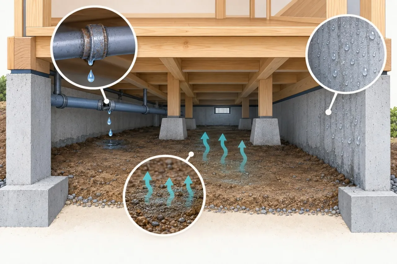 床下の漏水・地面からの湿気・結露を点検する箇所を示した説明イラスト