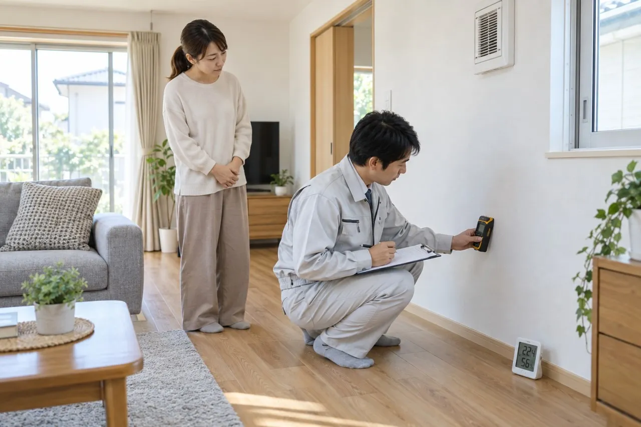 新築住宅で壁の水分と室内温湿度を再確認する専門スタッフ