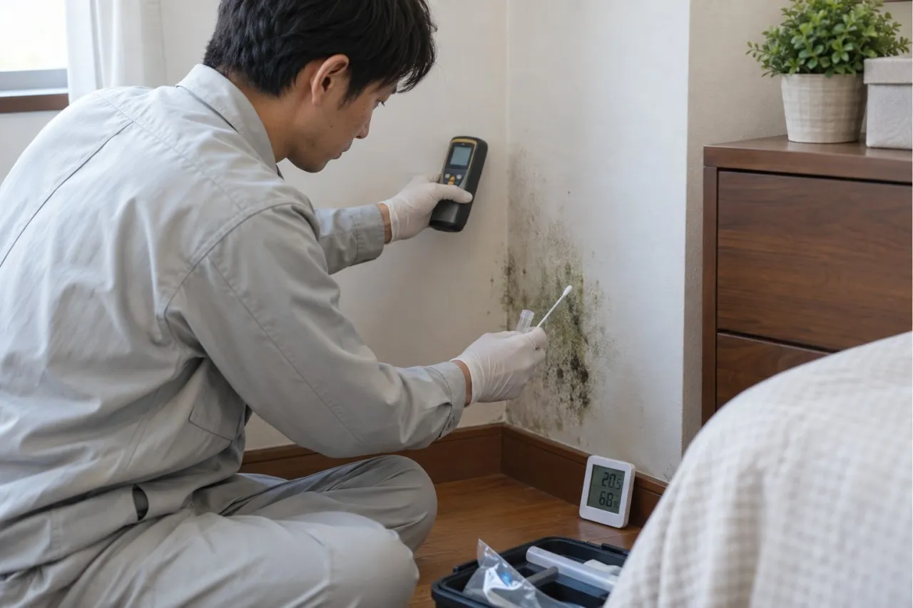壁の含水状態を測り緑カビの検体を採取する専門調査