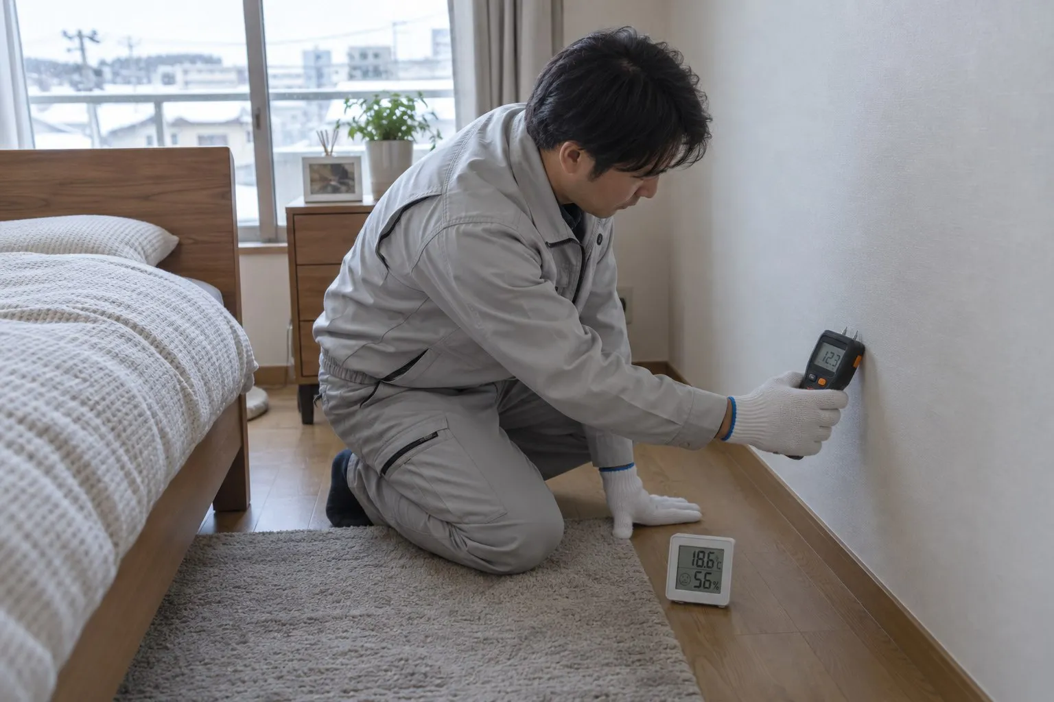 専門スタッフによるベッド裏の壁の含水調査