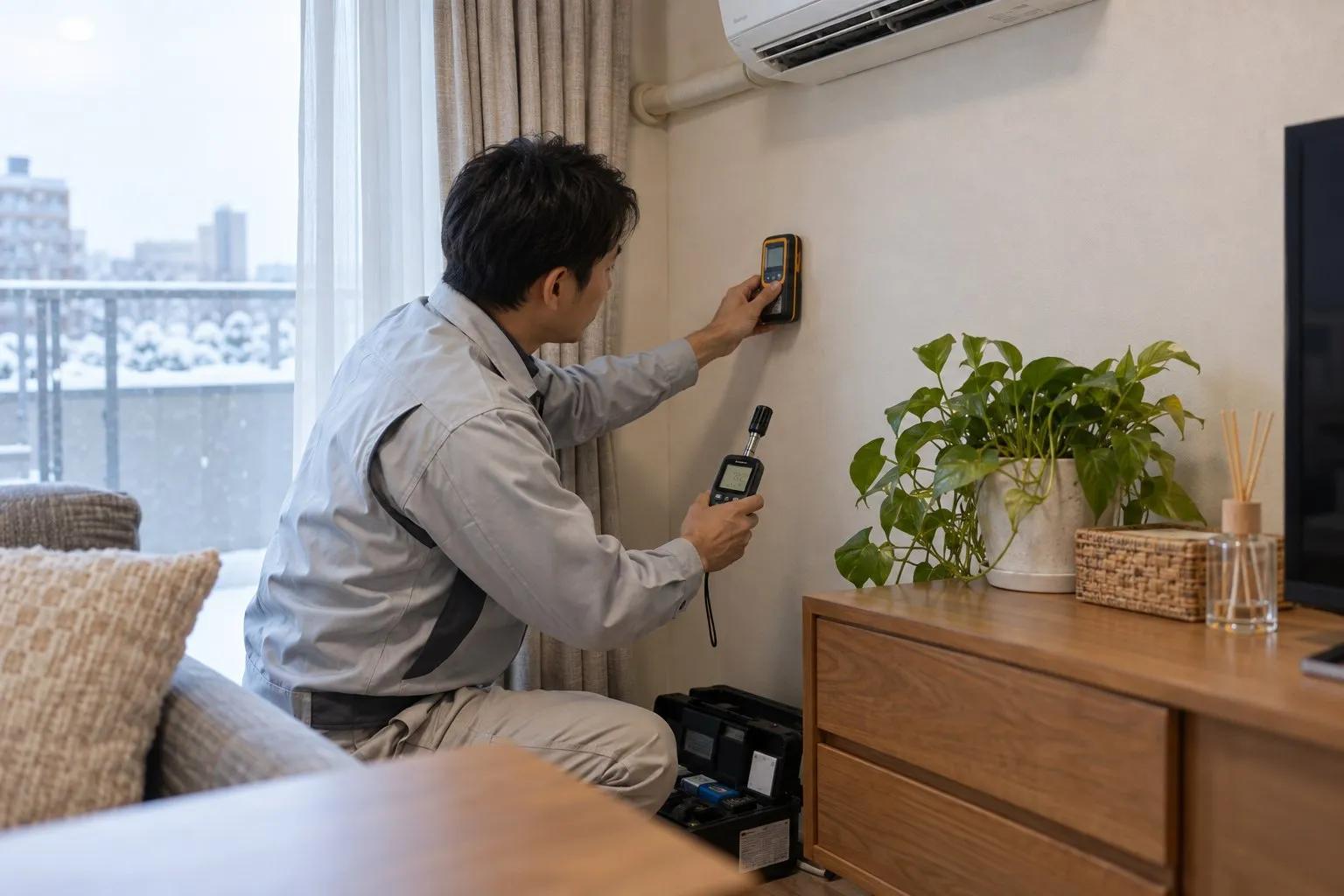 暖房使用中の部屋で壁と空気環境を調査する専門スタッフ