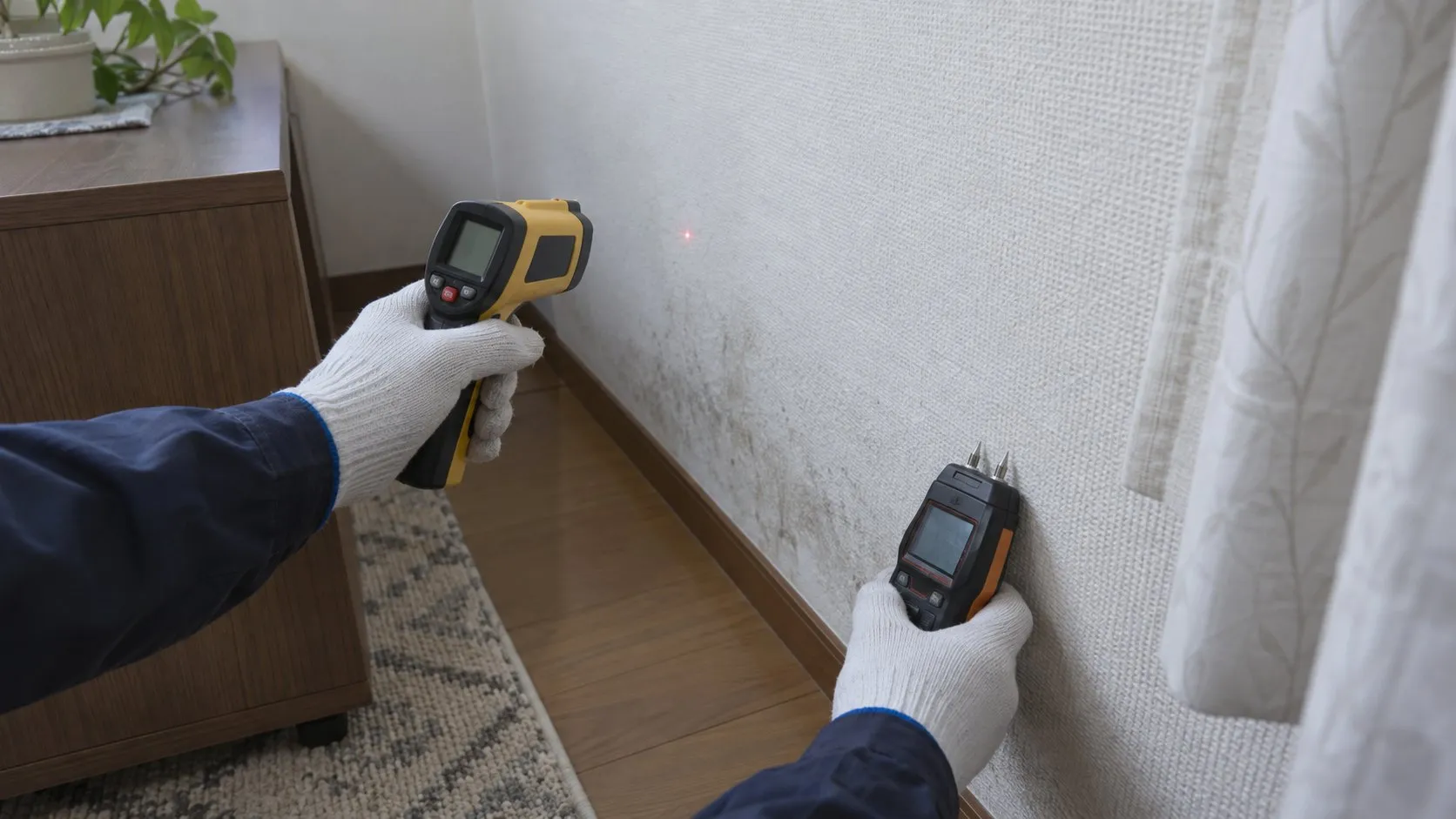 北側の部屋で壁の表面温度と含水状態を調査する様子