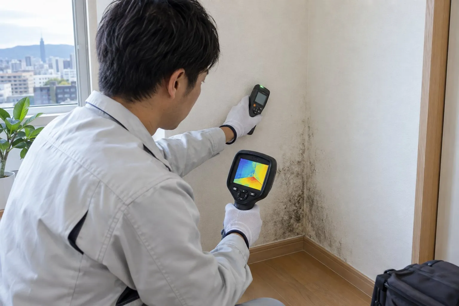 カビが発生した壁の含水状態を測定する福岡の調査スタッフ