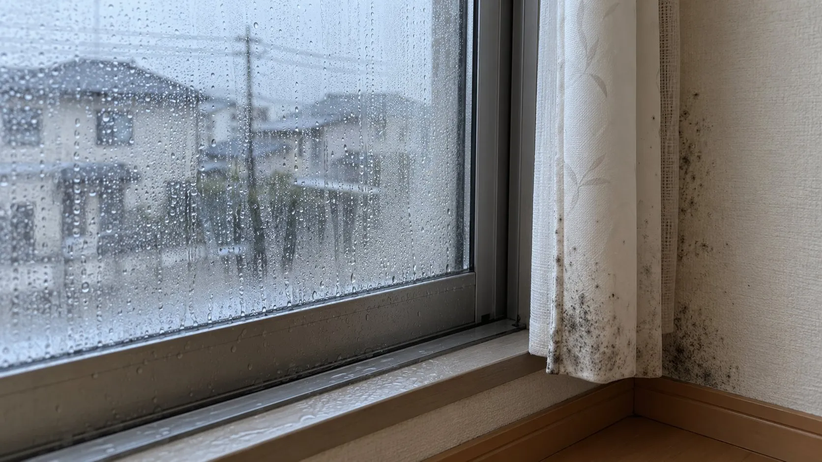 窓の結露からサッシ周辺にカビが広がる様子